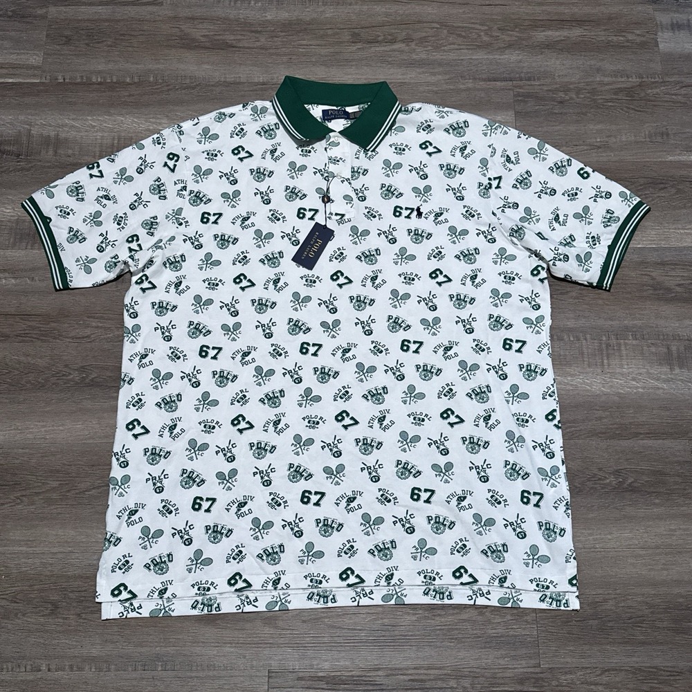 Polo Ralph Lauren Men's 3XLT Tall Green White RL 67 AOP Logos Tennis Shirt NWT